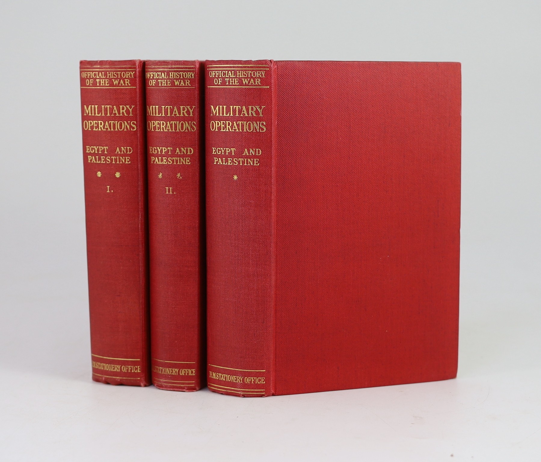 MacMunn, George Fletcher, Sir and Falls, Cyril, Military Operations Egypt & Palestine, 3 vols and 2 cloth drop-front boxes, 8vo, original red cloth, with 38 folded maps, sketches and photographs, HMSO, London, 1928-30